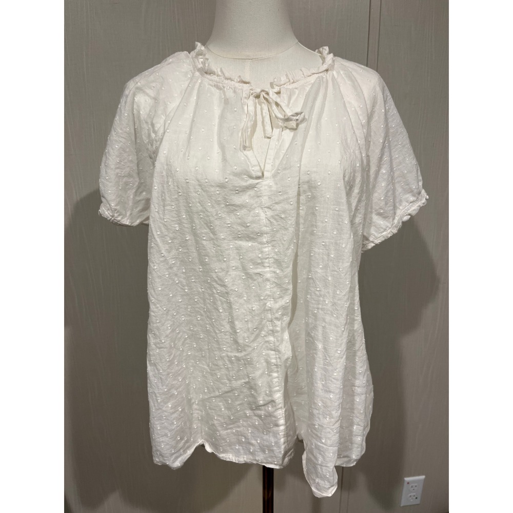 Gap White Swiss Dot Tie-Neck Short Sleeve Blouse Size XL